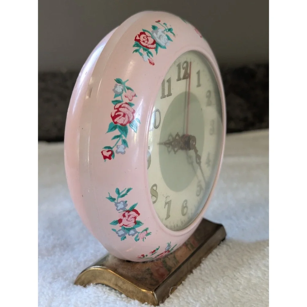 Vintage Retro Mid Century Wind Alarm Clock Round Pink Rose Flower US Time Rare